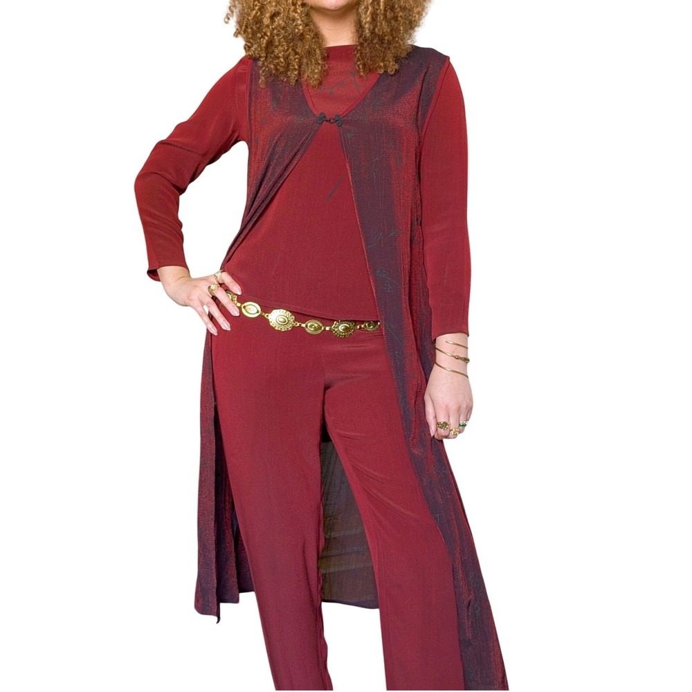 Vintage 90s Whimsigoth Artsy Botanical Burgundy Sheer Patchwork 3 Piece Set